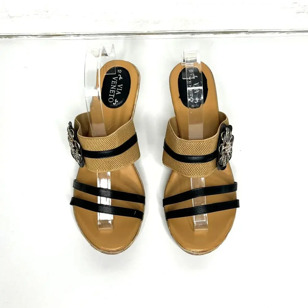 Via Veneto Slip On Wedge Sandals Tan Black Flower Size 10